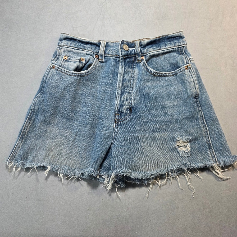 PacSun Womens Baggy High Waisted Distressed Raw Hem Denim Shorts Light Wash 24